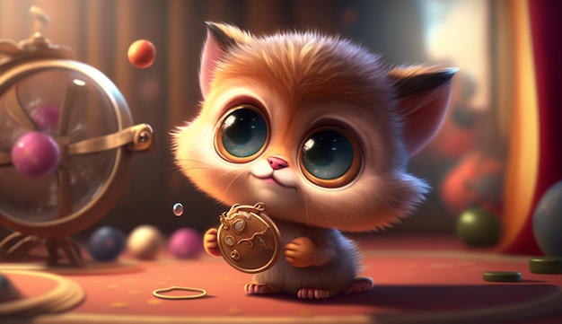 Мультяшный кот с большими глазами и золотой монетой в руках.