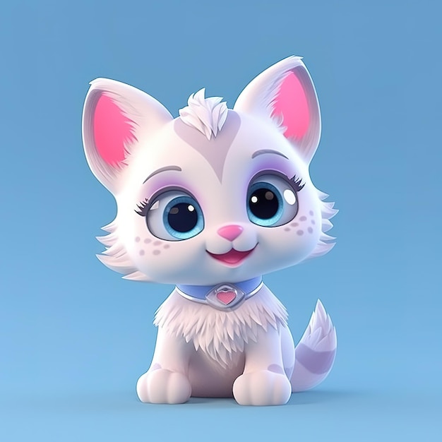 A cartoon cat with big eyes sits on a blue background