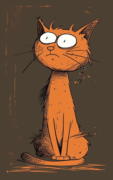 мультфильмный кот с большими глазами, сидящий на коричневой поверхности