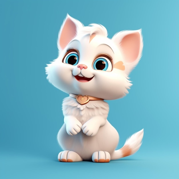 Cartoon cat with blue eyes and a collar standing on its hind legs generative ai