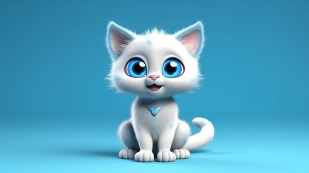 A cartoon cat with blue eyes sits on a blue background 3D illustration Generative AI