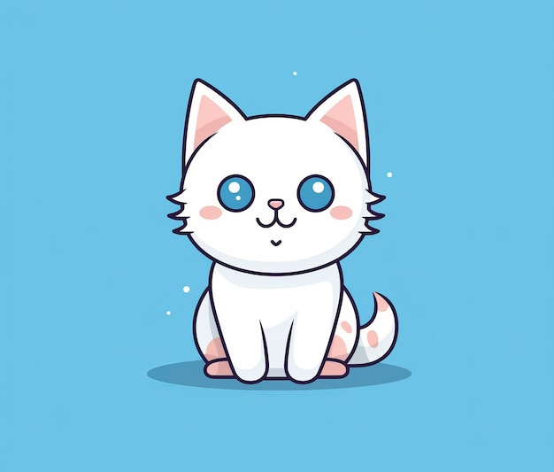 A cartoon cat with blue eyes sits on a blue background.