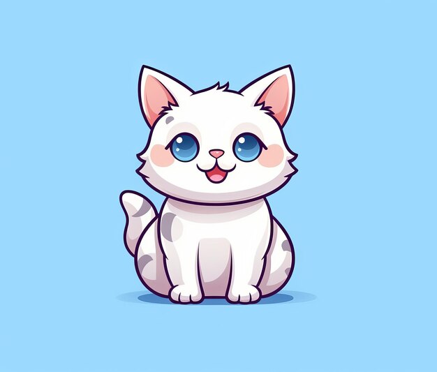 A cartoon cat with blue eyes sits on a blue background.