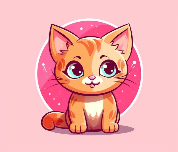 A cartoon cat with blue eyes sits in front of a pink circle.