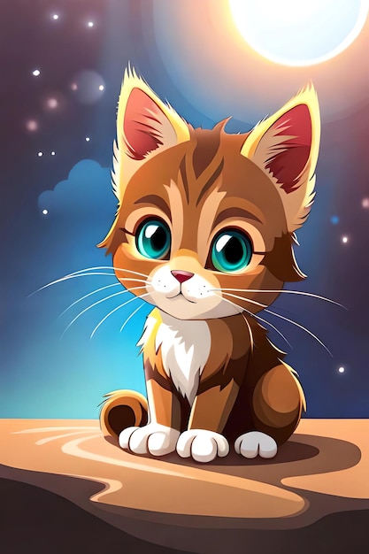 A cartoon cat with blue eyes sits on a table.