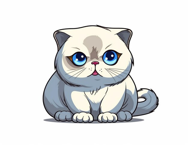 A cartoon cat with blue eyes sits on a white background.