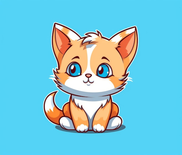 Cartoon cat with blue eyes sitting on a blue background.