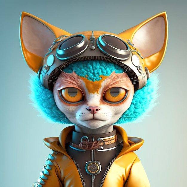 A cartoon cat with a blue fur and a yellow jacket.