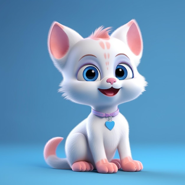 A cartoon cat with a blue heart on its collar.