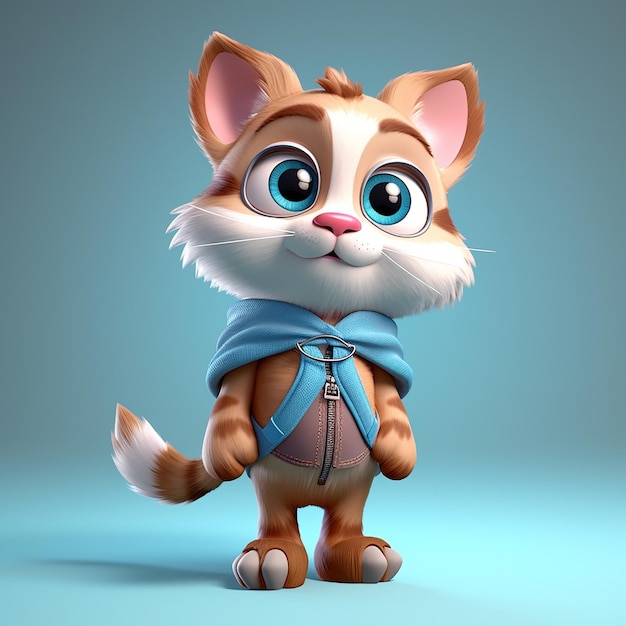 A cartoon cat with a blue scarf on its neck and a blue scarf around its neck.