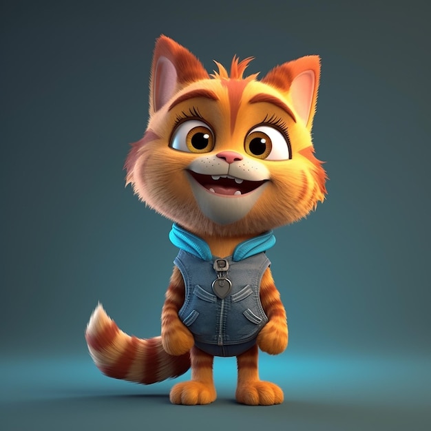 A cartoon cat with a blue vest and a blue jacket that says'cat'on it