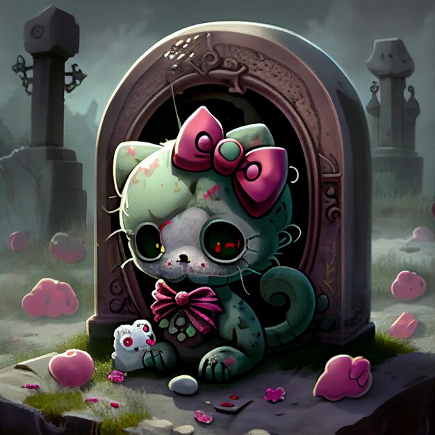 A cartoon cat with a bow sits in a graveyard.