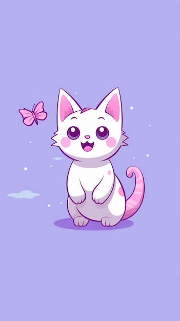 cartoon cat with butterfly on purple background generative ai