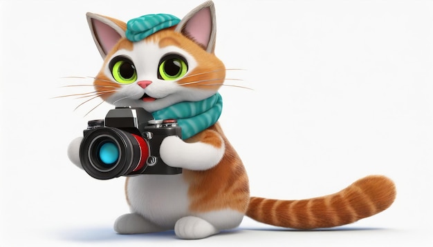 Cartoon cat with camera and scarf holding a camera