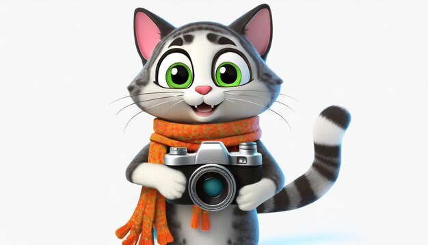 Cartoon cat with camera and scarf holding a camera