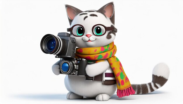 Foto gatto dei cartoni animati con telecamera e sciarpa che tiene una telecamera