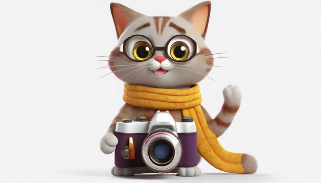 Cartoon cat with camera and scarf holding a camera
