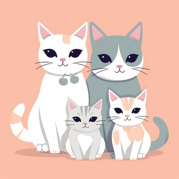 A cartoon cat with a cat family on a pink background.