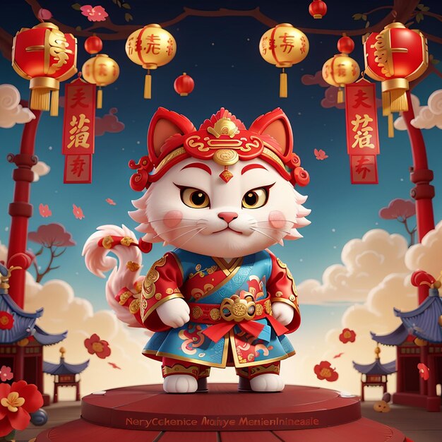 Photo a cartoon cat with chinese symbols and chinese characters on the wall