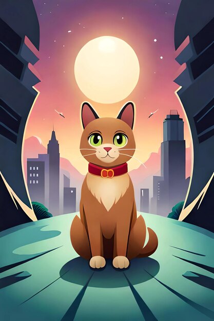 A cartoon cat with a city in the background.