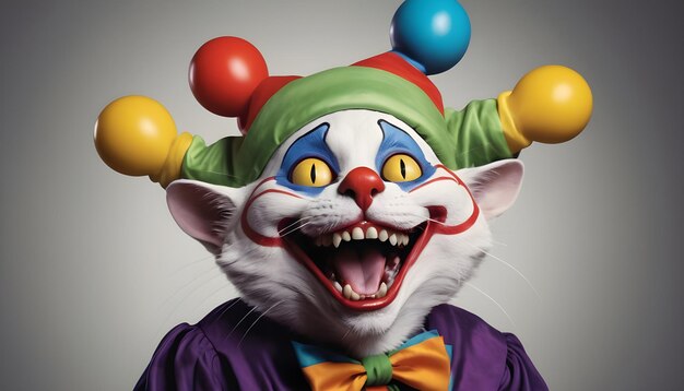 Foto un gatto dei cartoni animati con i capelli colorati e un cappello da clown biglietto di auguri per il pazzo di aprile