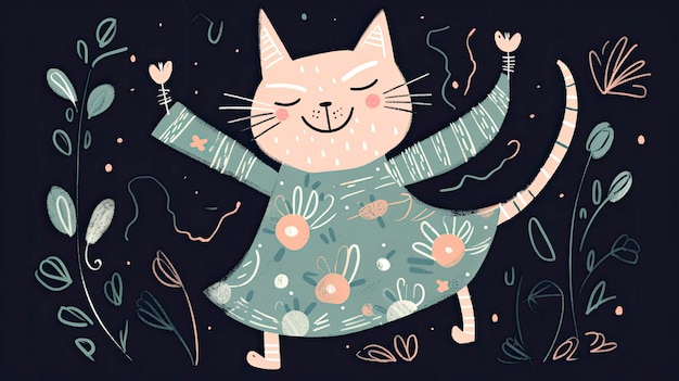 Photo a cartoon cat with a floral dress that says'happy cat '