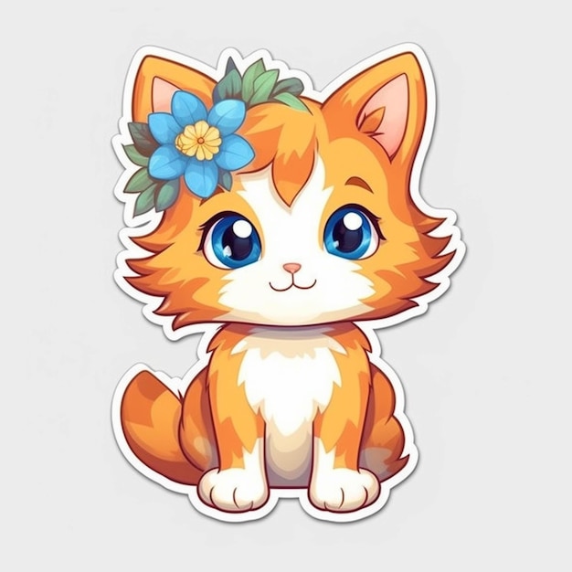 Cartoon cat with flower in its hair sitting on a white surface generative ai