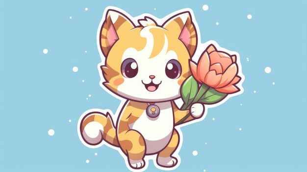 A cartoon cat with a flower in its paw.