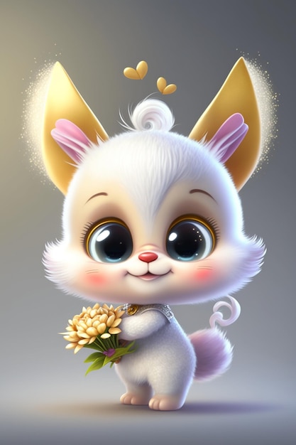 A cartoon cat with a flower in its paws