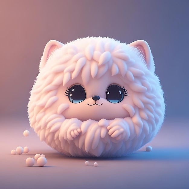 A cartoon cat with a fluffy white fur on its head.