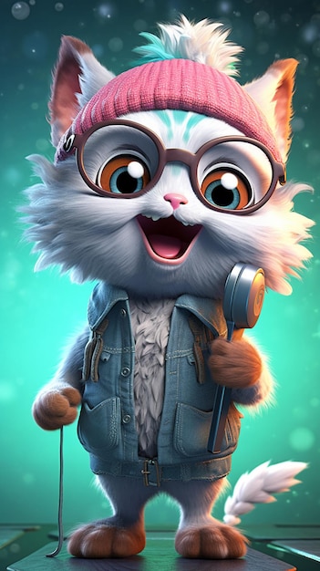 A cartoon cat with glasses and a microphone