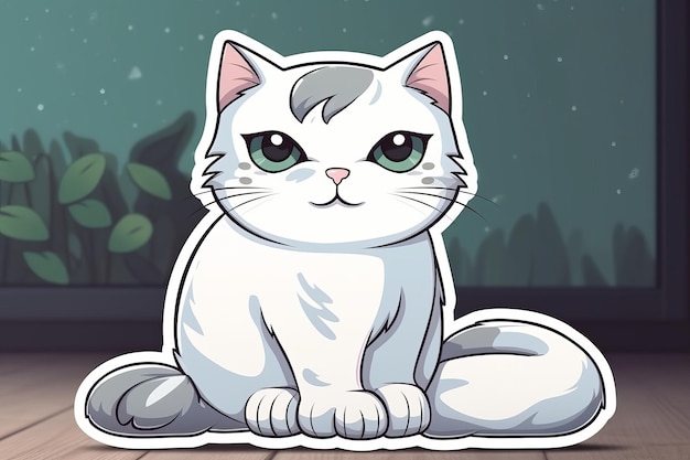 A cartoon cat with a green eye sits on a brick floor.