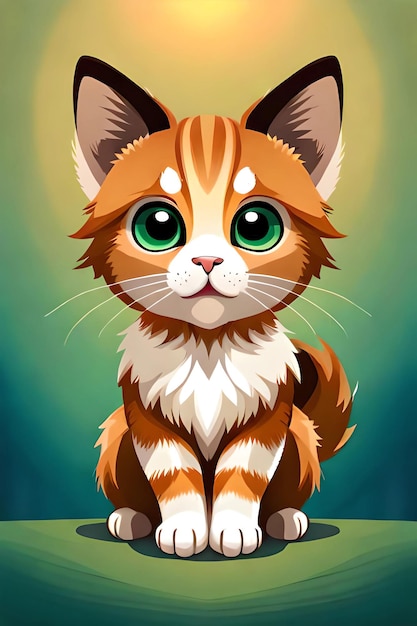 A cartoon cat with green eyes sits on a green table.