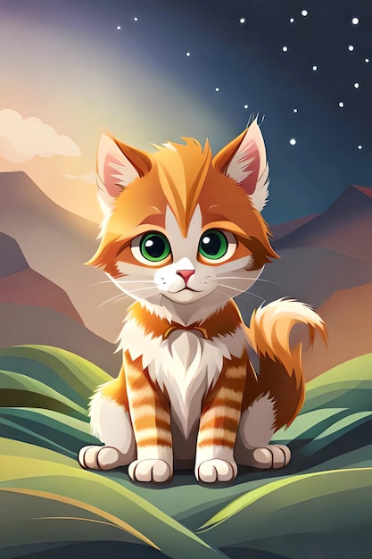 A cartoon cat with green eyes sits on a mountain.