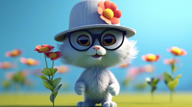 모자와 안경을 입고 꽃을 들고 있는 만화 고양이 3D 일러스트레이션