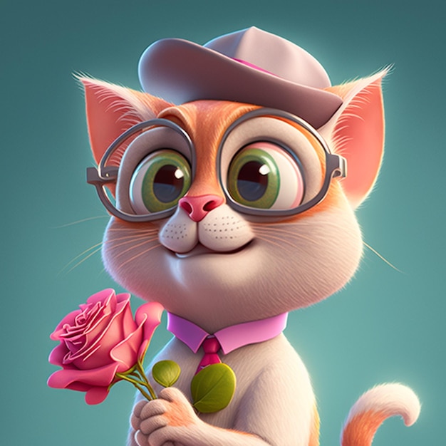 A cartoon cat with a hat and glasses holding a flower.