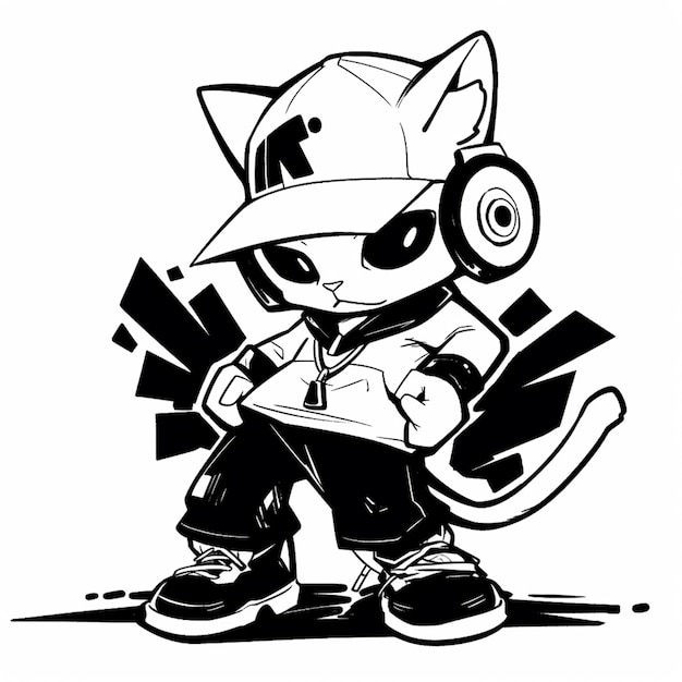 Photo cartoon cat with headphones and a baseball cap holding a skateboard generative ai