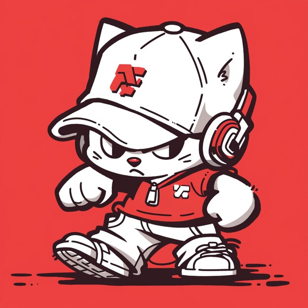 Photo cartoon cat with headphones and a baseball cap walking generative ai