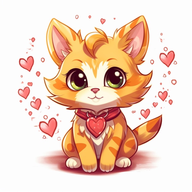 cartoon cat with hearts around its neck sitting on the ground generative ai