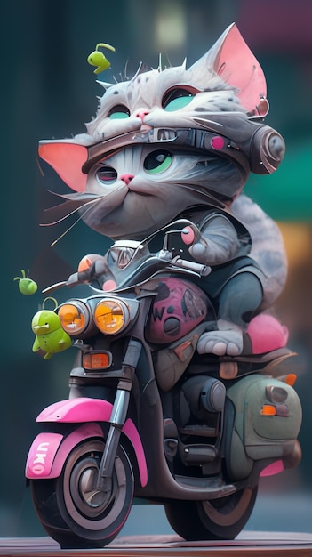 A cartoon cat with a helmet on riding a motorcycle