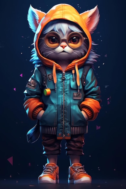 A cartoon cat with a hoodie and glasses