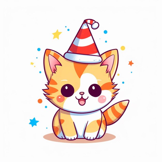 Photo cartoon cat with party hat sitting on the ground generative ai