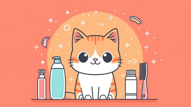 Photo a cartoon cat with a pink background with a bottle of hair dryer and a bottle of hair