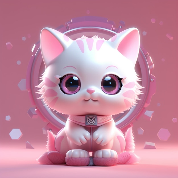 A cartoon cat with pink eyes sits in front of a pink background.