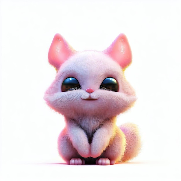 A cartoon cat with a pink nose and blue eyes sits on a white surface.