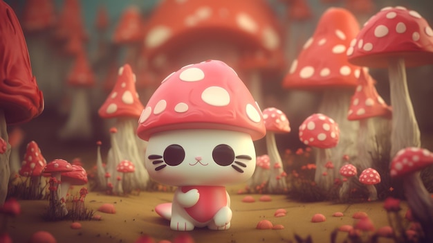 A cartoon cat with a red heart on its belly is standing in a field of mushrooms.