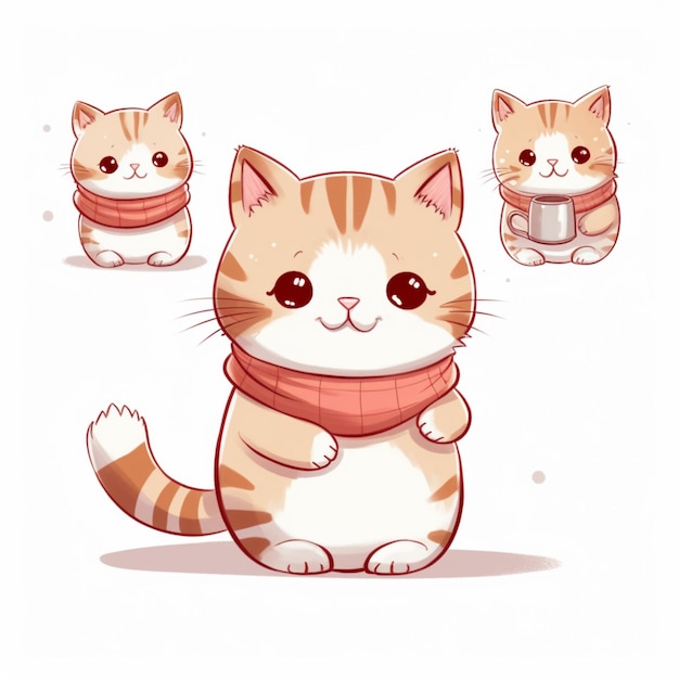 Cartoon cat with scarf and cup of coffee in front of three other cats generative ai