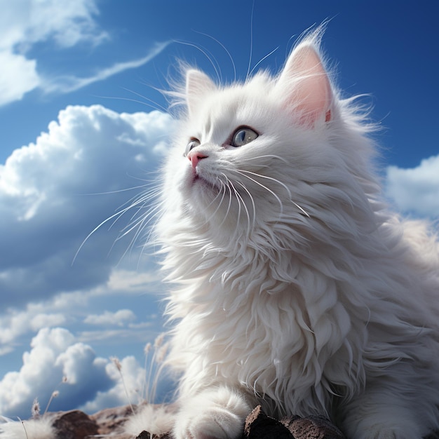 A cartoon cat with a sky background and clouds