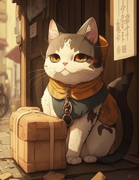 A cartoon cat with a yellow scarf sits on the sidewalk next to a suitcase.