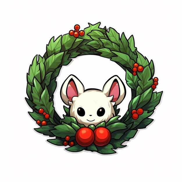 a cartoon cat in a wreath with holly leaves and berries generative ai